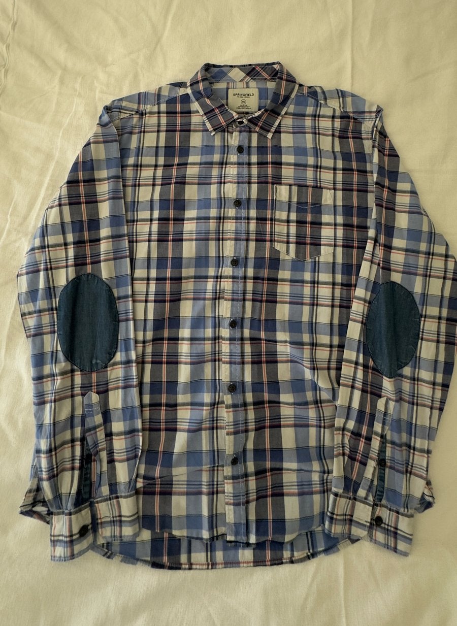 Springfield Geruit Overhemd met Elleboogstukken, Ophalen of Verzenden, Zo goed als nieuw, Blauw, Halswijdte 39/40 (M)