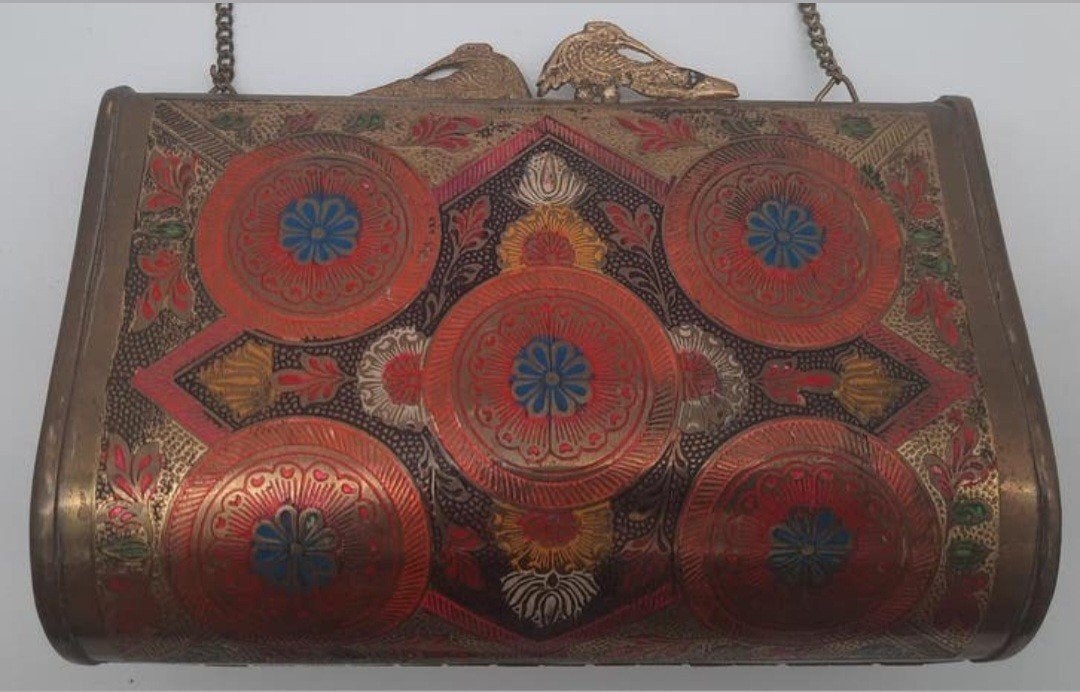 Vintage messing! pauwen hand tas in relief, Ophalen of Verzenden, Gebruikt, Overige kleuren, Handtas