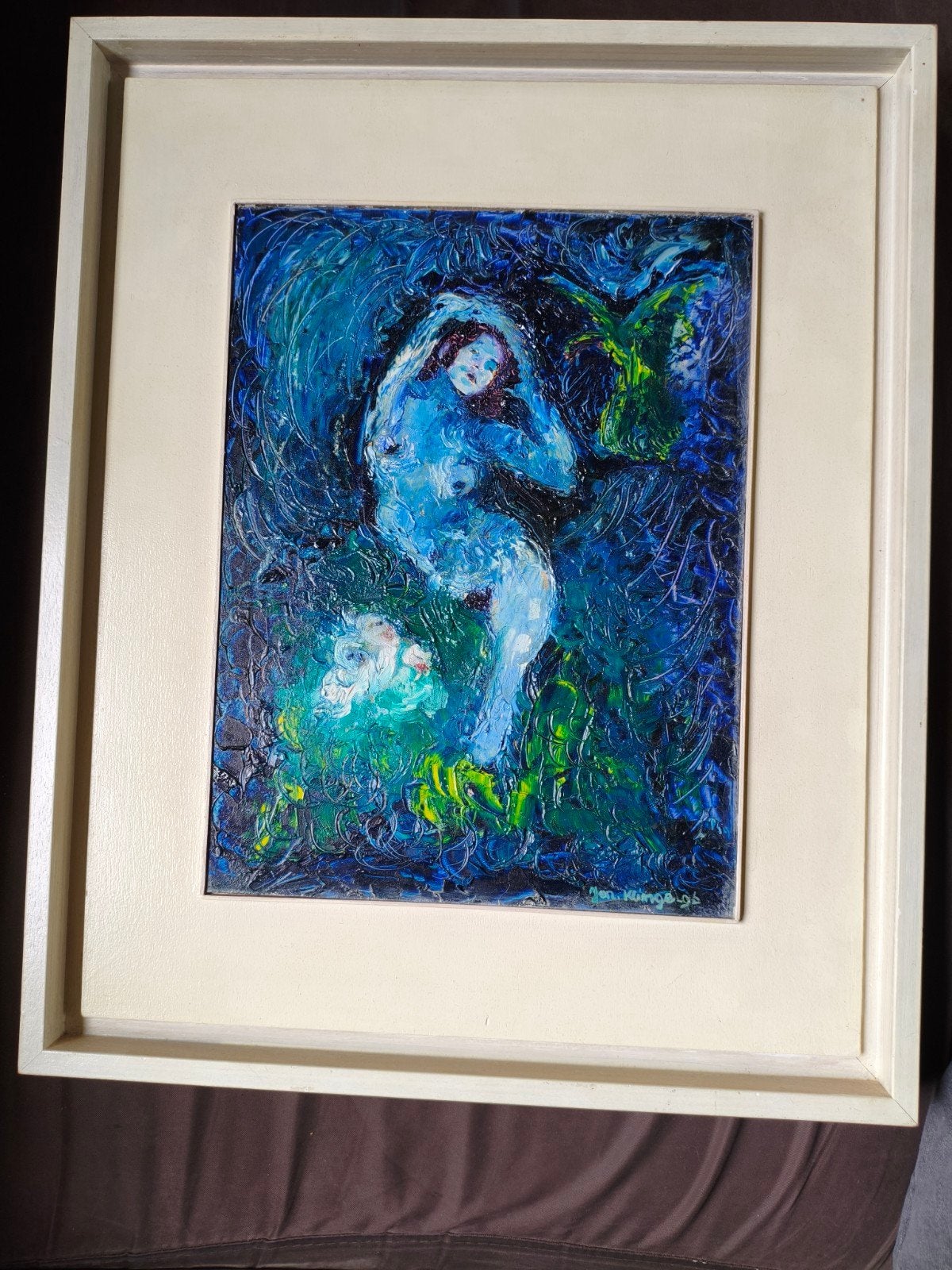Chagall Blue achtig abstract olieverf schilderij.Gesigneerd., Ophalen of Verzenden