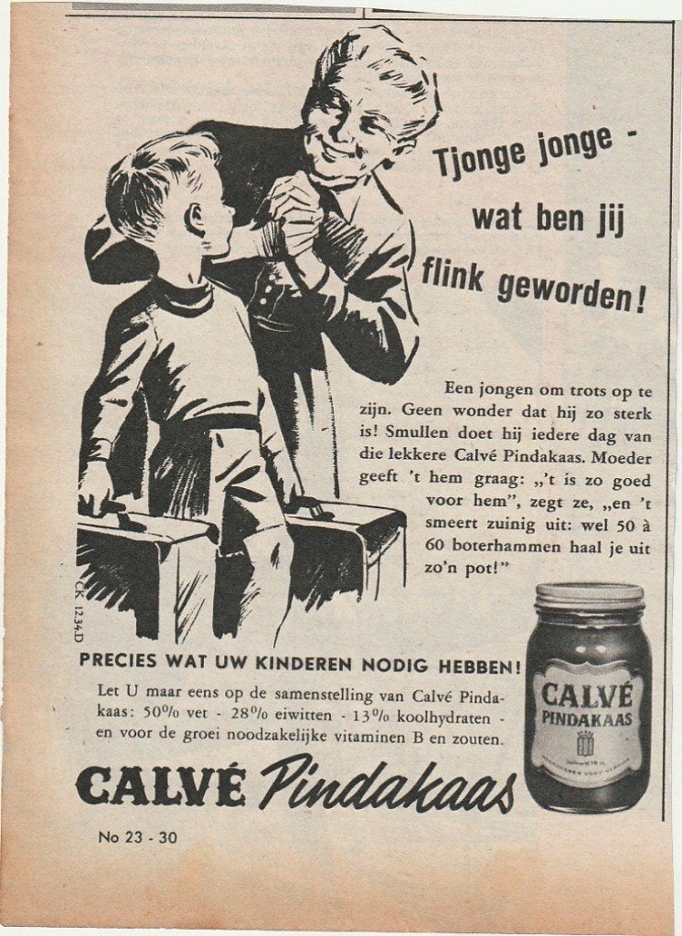 Retro reclame 1953 Calvé pindakaas jongetje is zo flink, Verzenden, Overige typen
