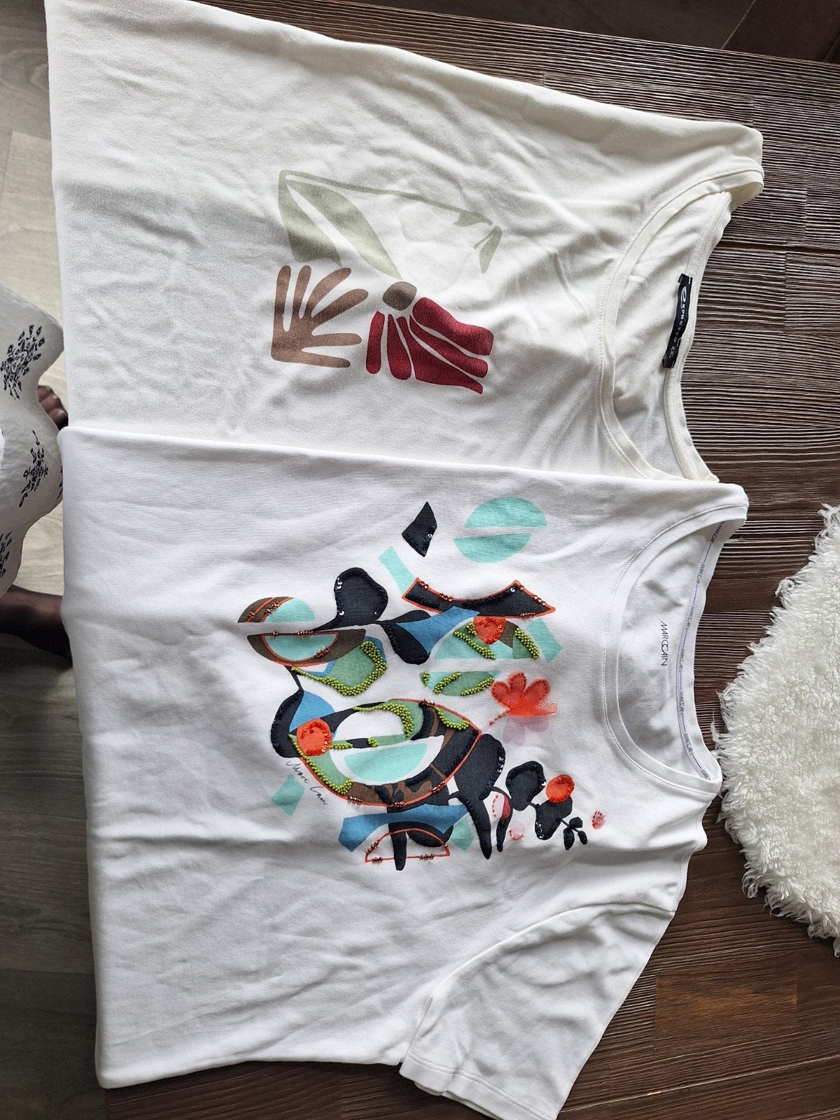 2x Marc Cain T-shirts met print - Maat xl/xxl, Ophalen, Wit, Maat 46/48 (XL) of groter, Zo goed als nieuw