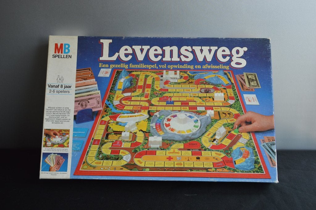 Vintage Levensweg bordspel uit 1984, donkerblauwe doos, MB, Vijf spelers of meer, Ophalen of Verzenden, Gebruikt, MB