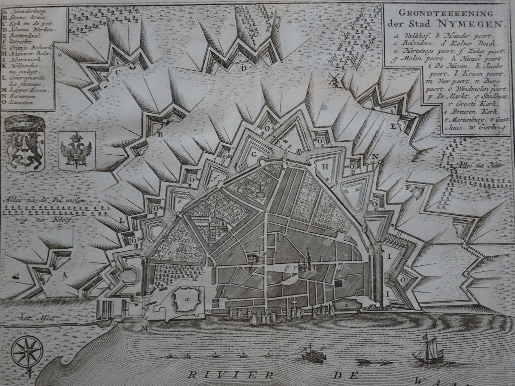 gravure plattegrond grondtekening Nijmegen, Tirion 1741, Verzenden, Cartografie, Gravure, Origineel