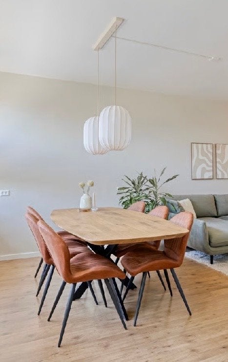 6 eetkamerstoelen - cognac kleur, Ophalen, Bruin, Zo goed als nieuw, Stof