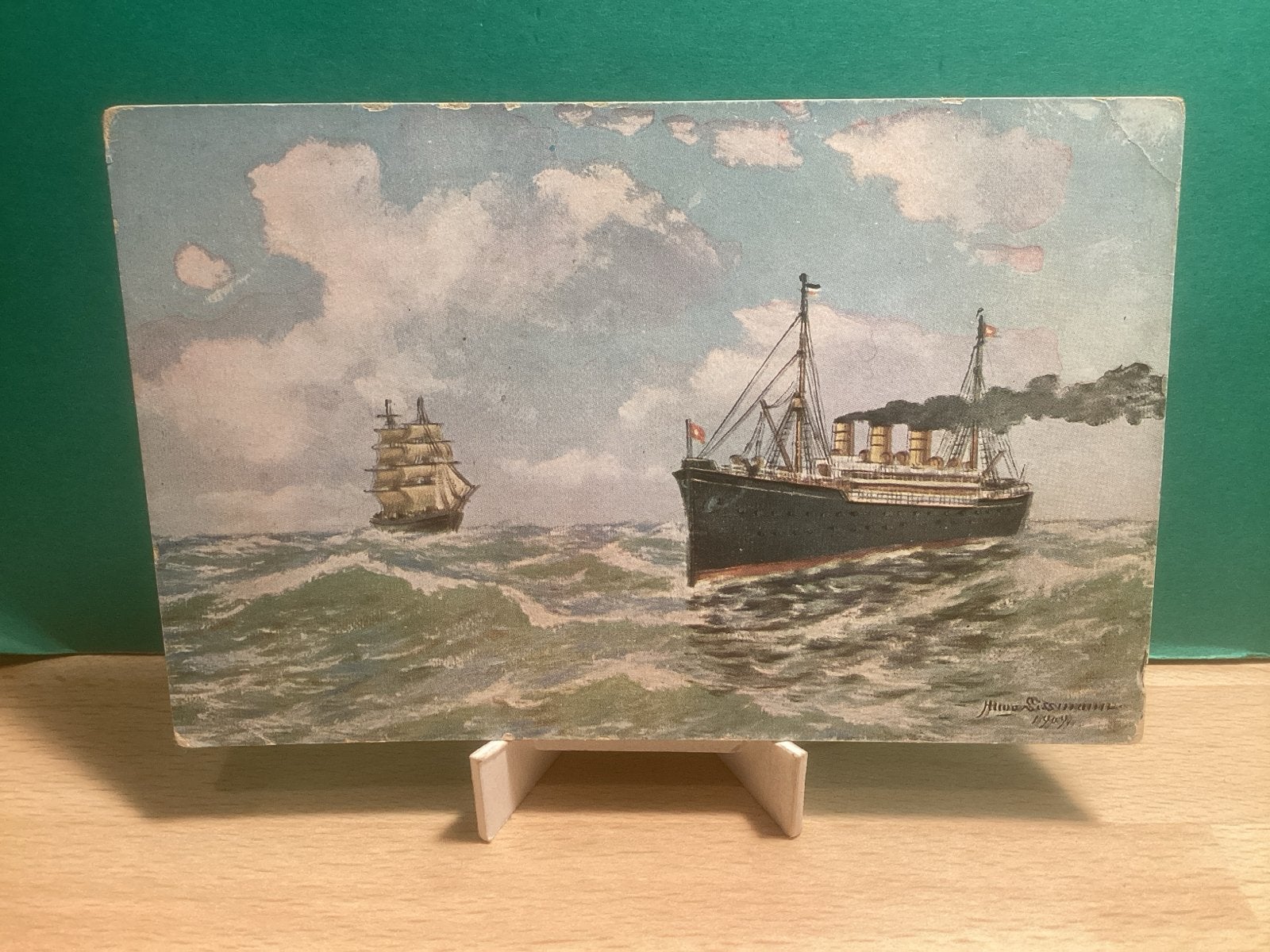 Onbekend. Stoomschip en zeilschip op zee.    541, Ophalen of Verzenden, Voor 1920, Gelopen, Duitsland