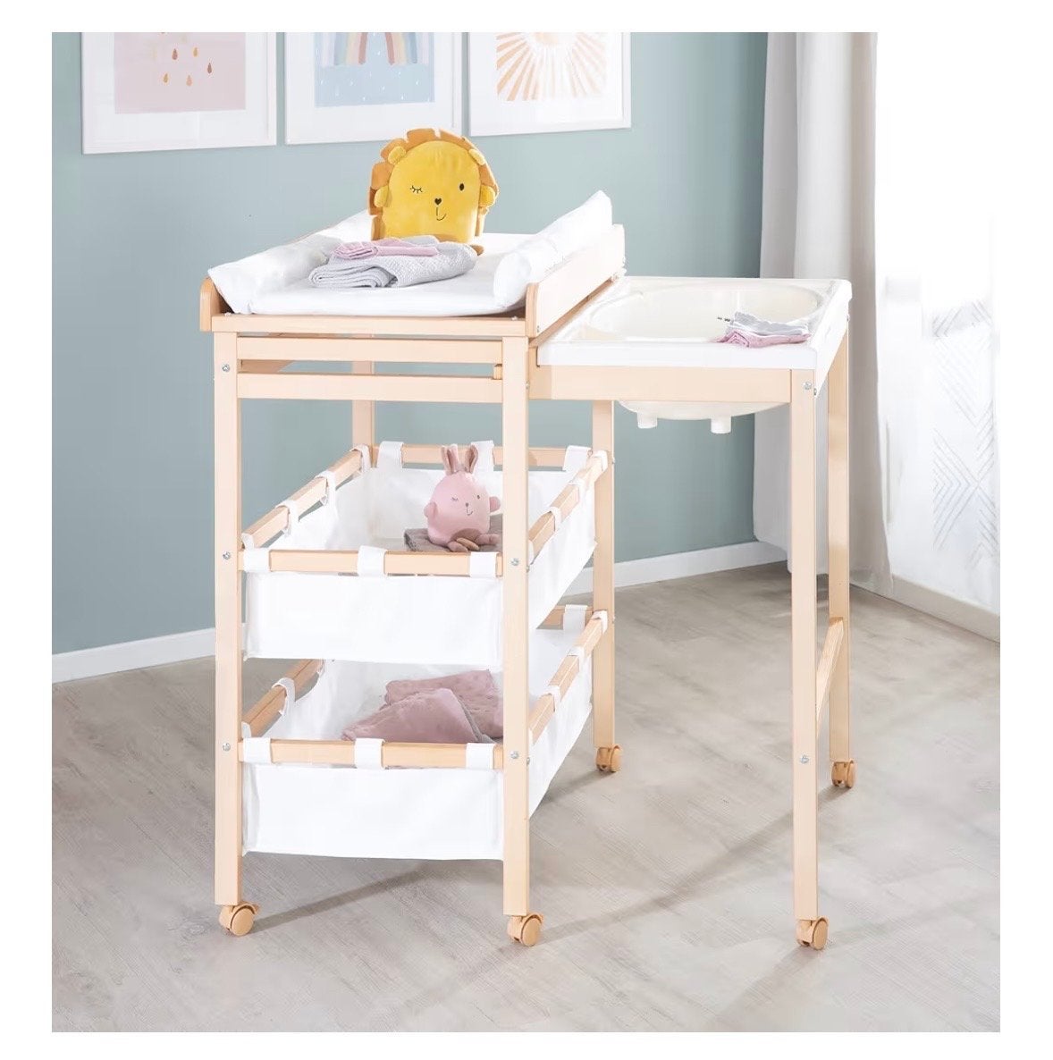 Wooden Baby Changing Table with Bath – Natural/White, Kinderen en Baby's, Ophalen, 70 cm of meer, 105 cm of meer, Zo goed als nieuw