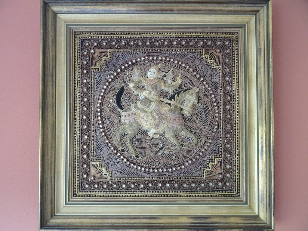Vintage Kalaga wandtapijt Birma Birmees in luxe lijst 66x66, Ophalen of Verzenden