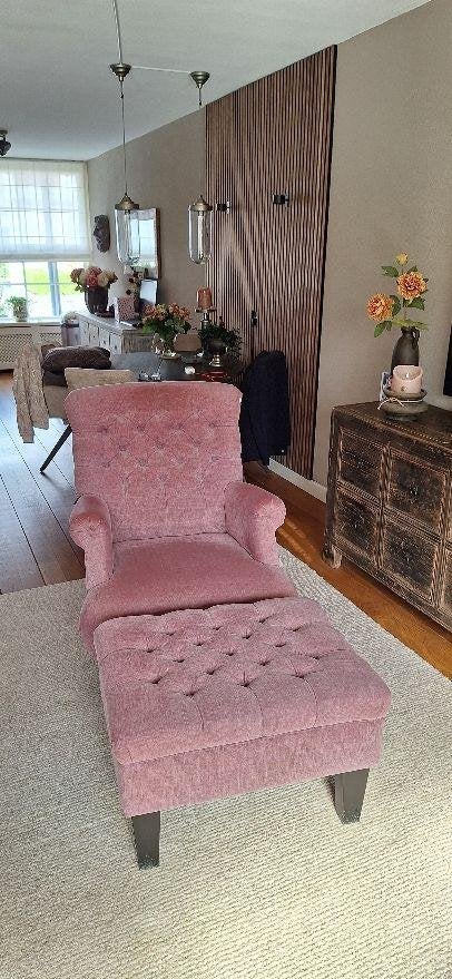 Fauteuil met hocker, Huis en Inrichting, Ophalen, Hout, Gebruikt, Minder dan 75 cm