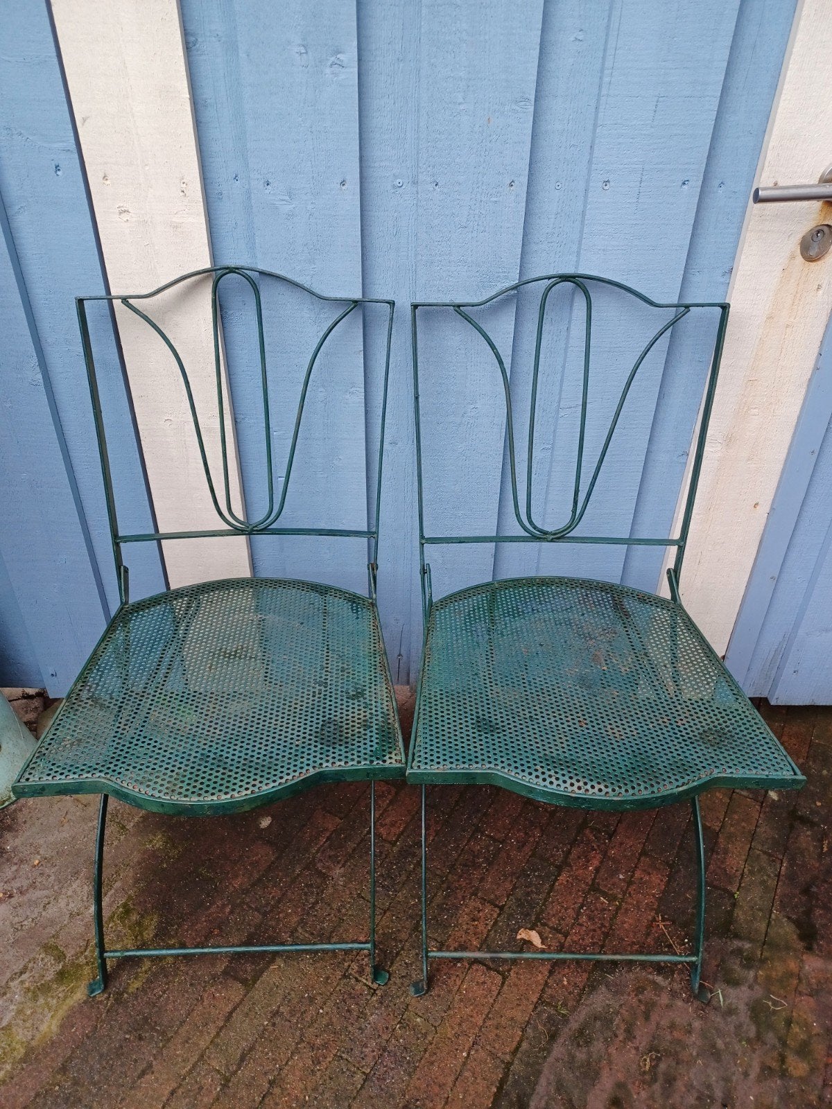 Vintage ijzeren klapstoelen - set van 2, Tuin en Terras, Ophalen, Gebruikt, Metaal, Inklapbaar