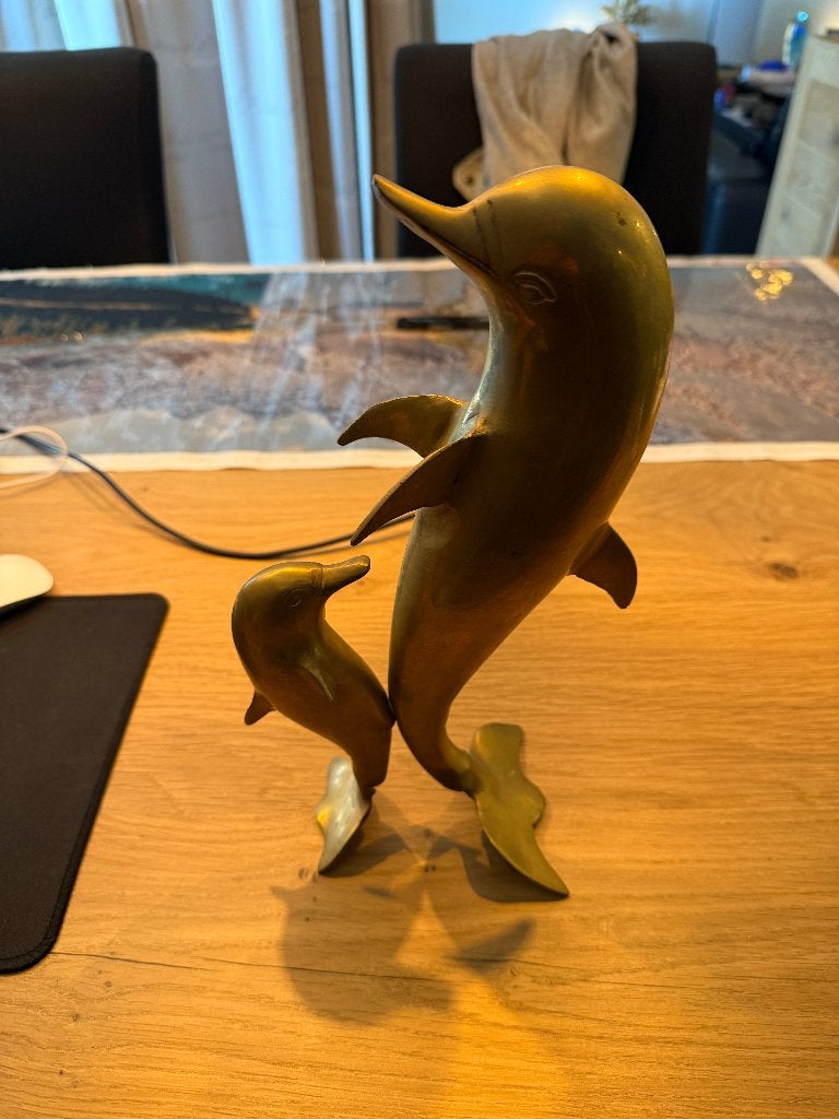 Prachtig vintage messing beeld – Dolfijn met jong, Ophalen of Verzenden, Gebruikt, Dier