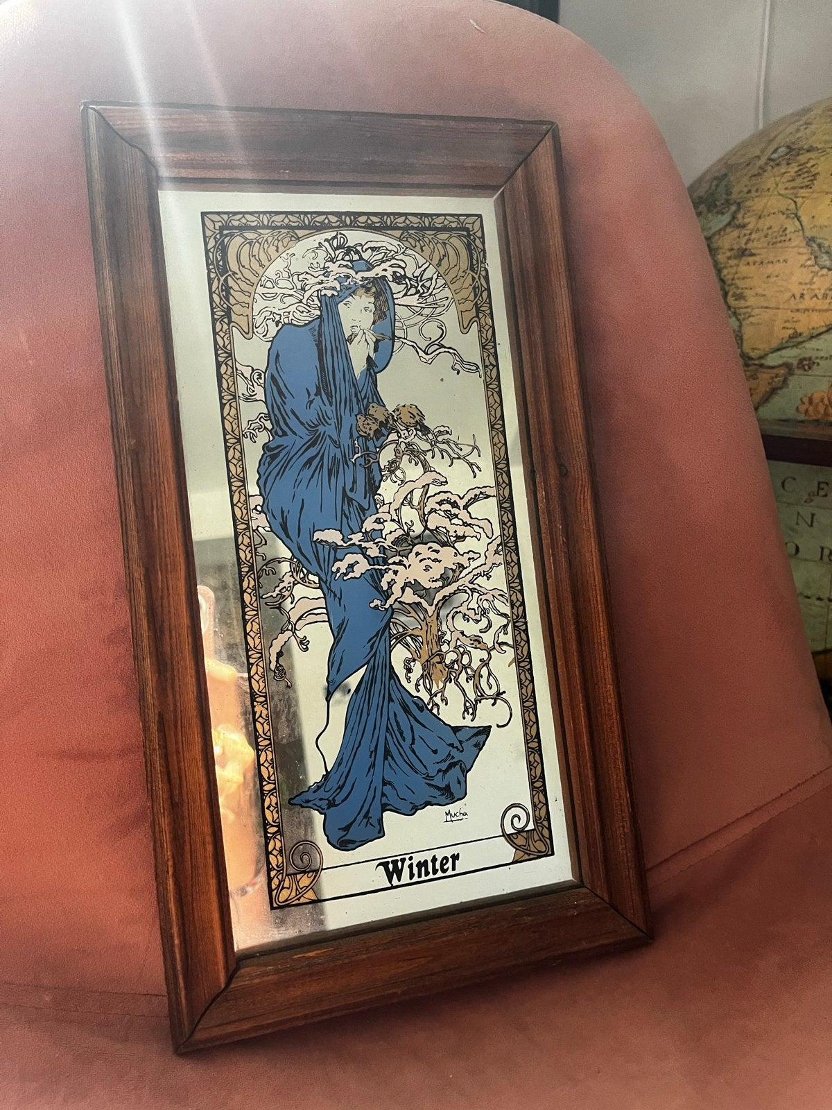 Vintage spiegel met Art Nouveau 'Winter' afbeelding (Mucha), Ophalen of Verzenden, Rechthoekig, Minder dan 50 cm, Minder dan 100 cm