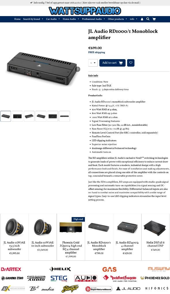 JL Audio RD1000/1 Monoblok versterker 1000W RMS 2 ohm, Auto diversen, ., Nieuw, Ophalen of Verzenden, .