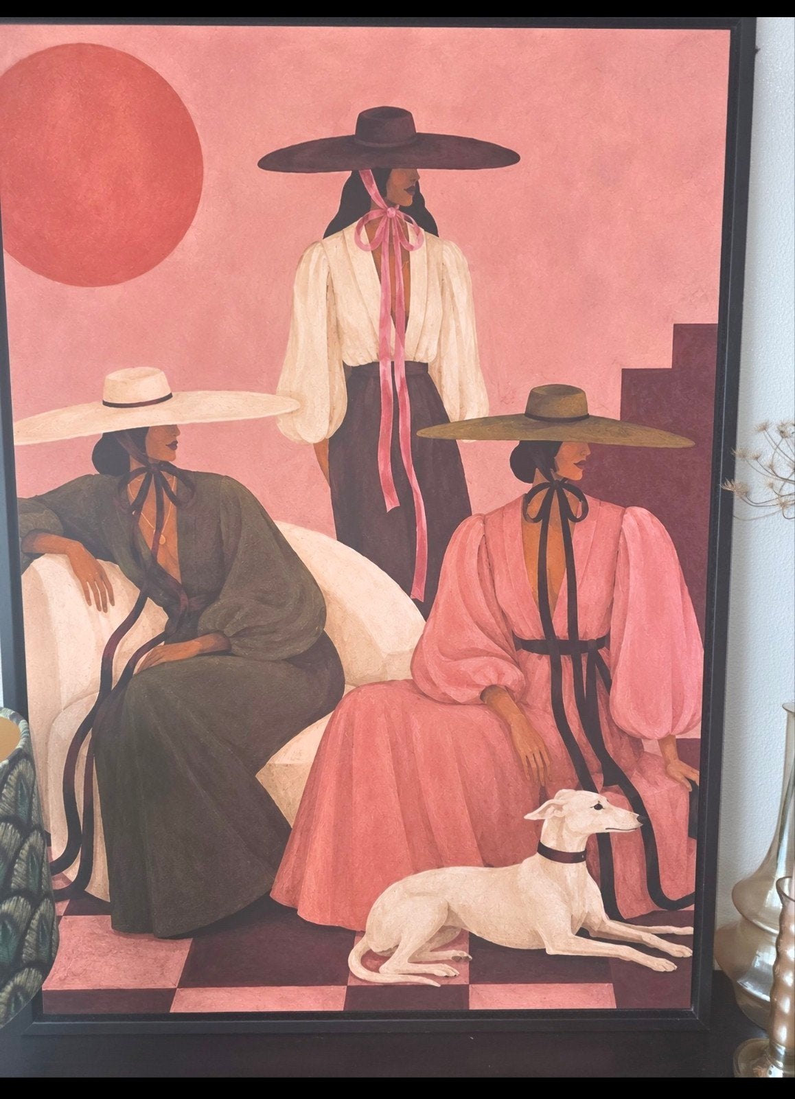 Schilderij, modern vrouwen met hoed 70x100Perzik,bruin,burgu, Ophalen, Nieuw, 70 cm, 100 cm