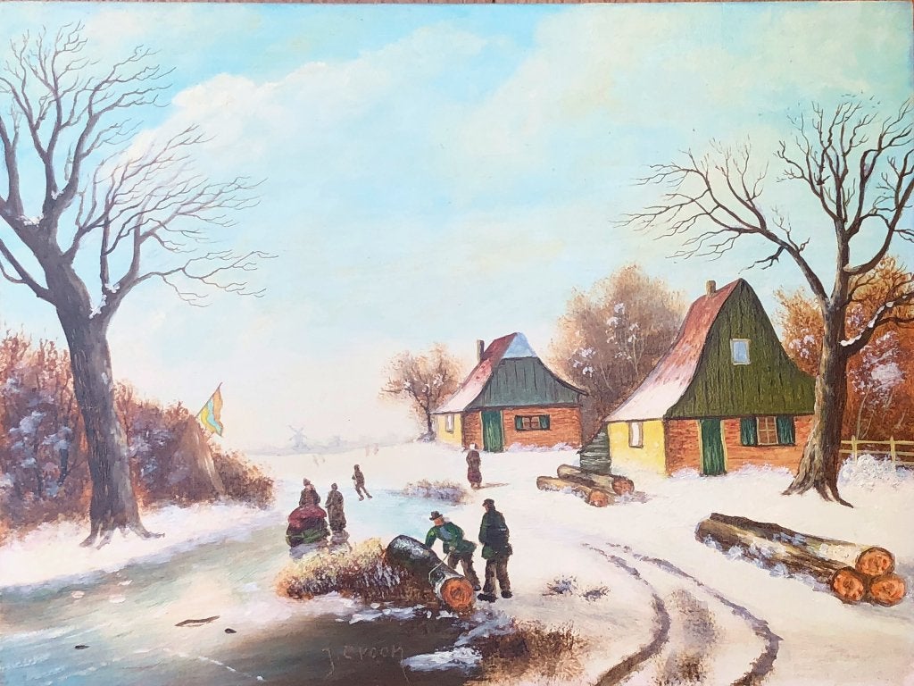 J. Croon Schilderij 'Wintergezicht met houtverzamelaars vlag, Ophalen of Verzenden