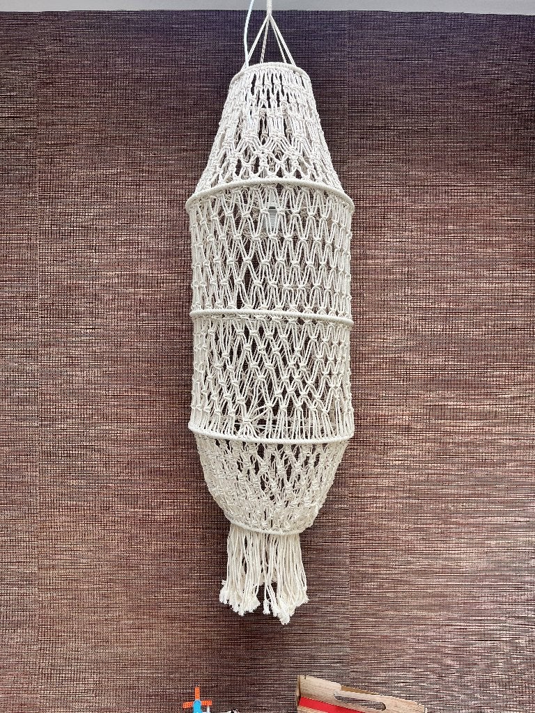 Macramé hanglamp ecru, handgemaakt, 100 cm, boho, bohemian, Huis en Inrichting, Boho, bohemian, Natuurlijk materiaal, Zo goed als nieuw