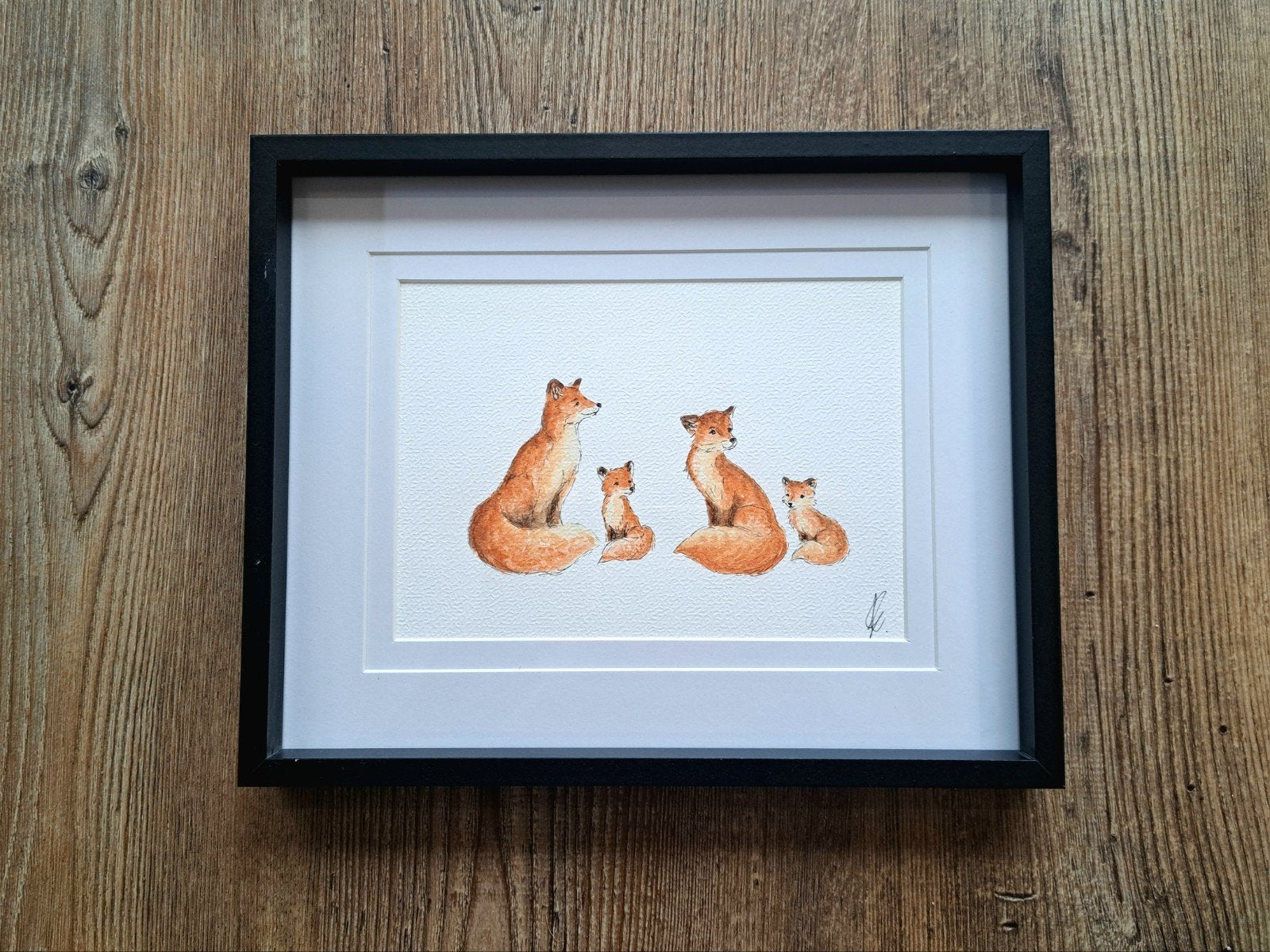 Aquarel schilderij vosjes origineel | Inclusief lijstframe, Antiek en Kunst, Aquarel, Passe-partout, Papier/karton, Ophalen of Verzenden