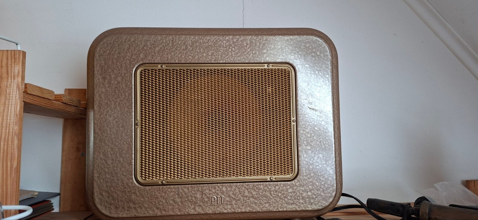 Vintage radio/speaker -PTT  Bruin met gouden rooster, Ophalen of Verzenden