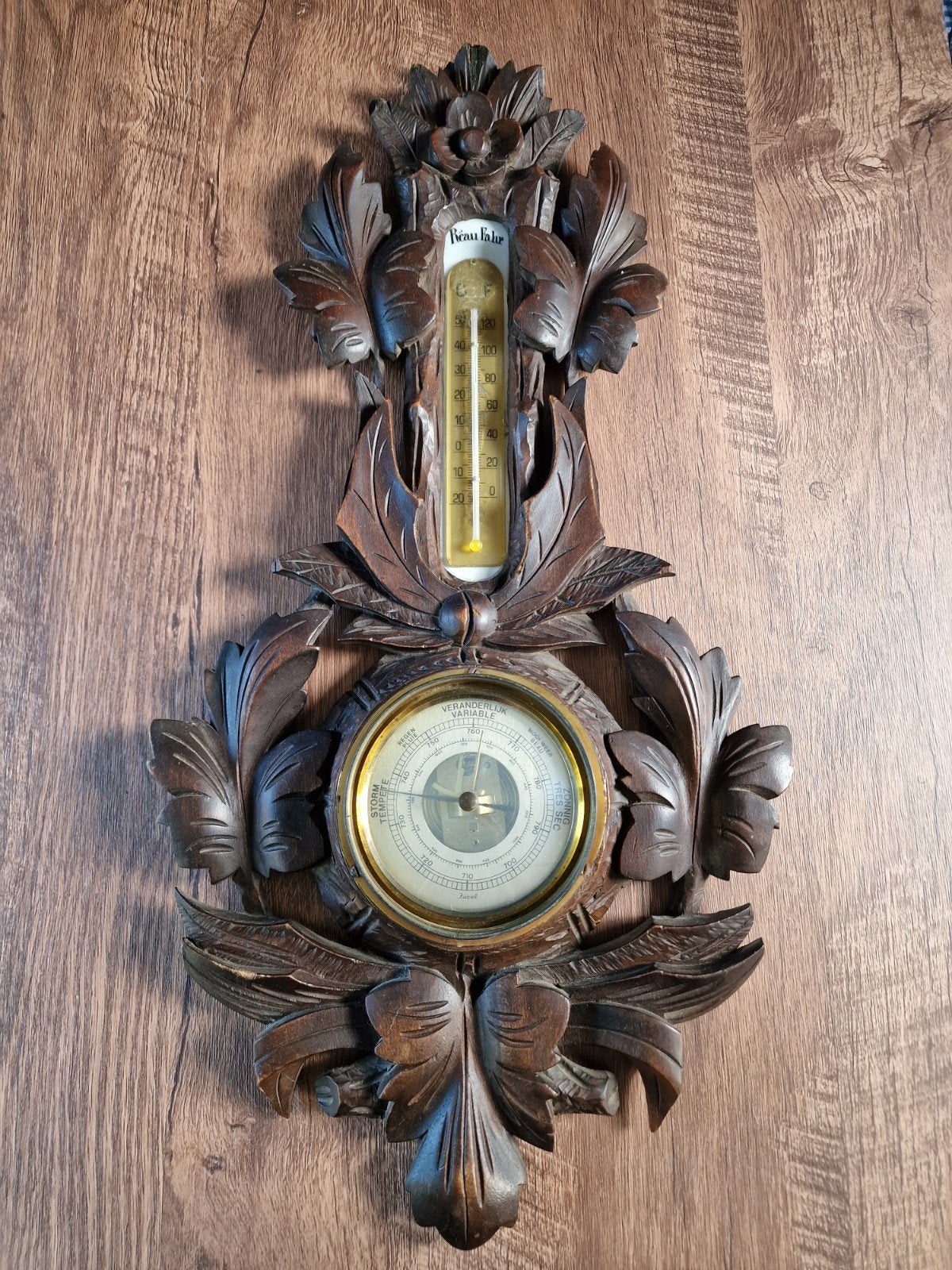 Antieke Houten rustikal Barometer met Thermometer - Wandmode, Ophalen of Verzenden, Gebruikt, Hout