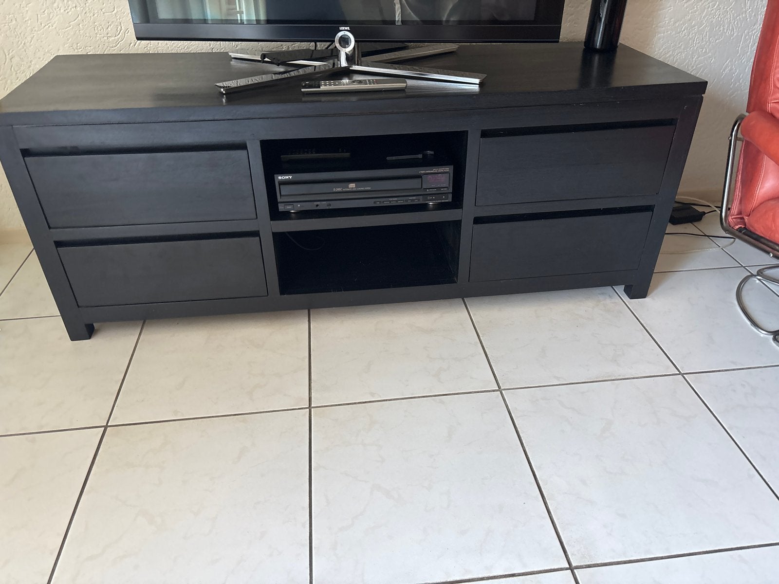 Dressoir / TV-meubel met 4 laden en 2 open vakken, Ophalen, Gebruikt, 150 tot 200 cm, Minder dan 100 cm