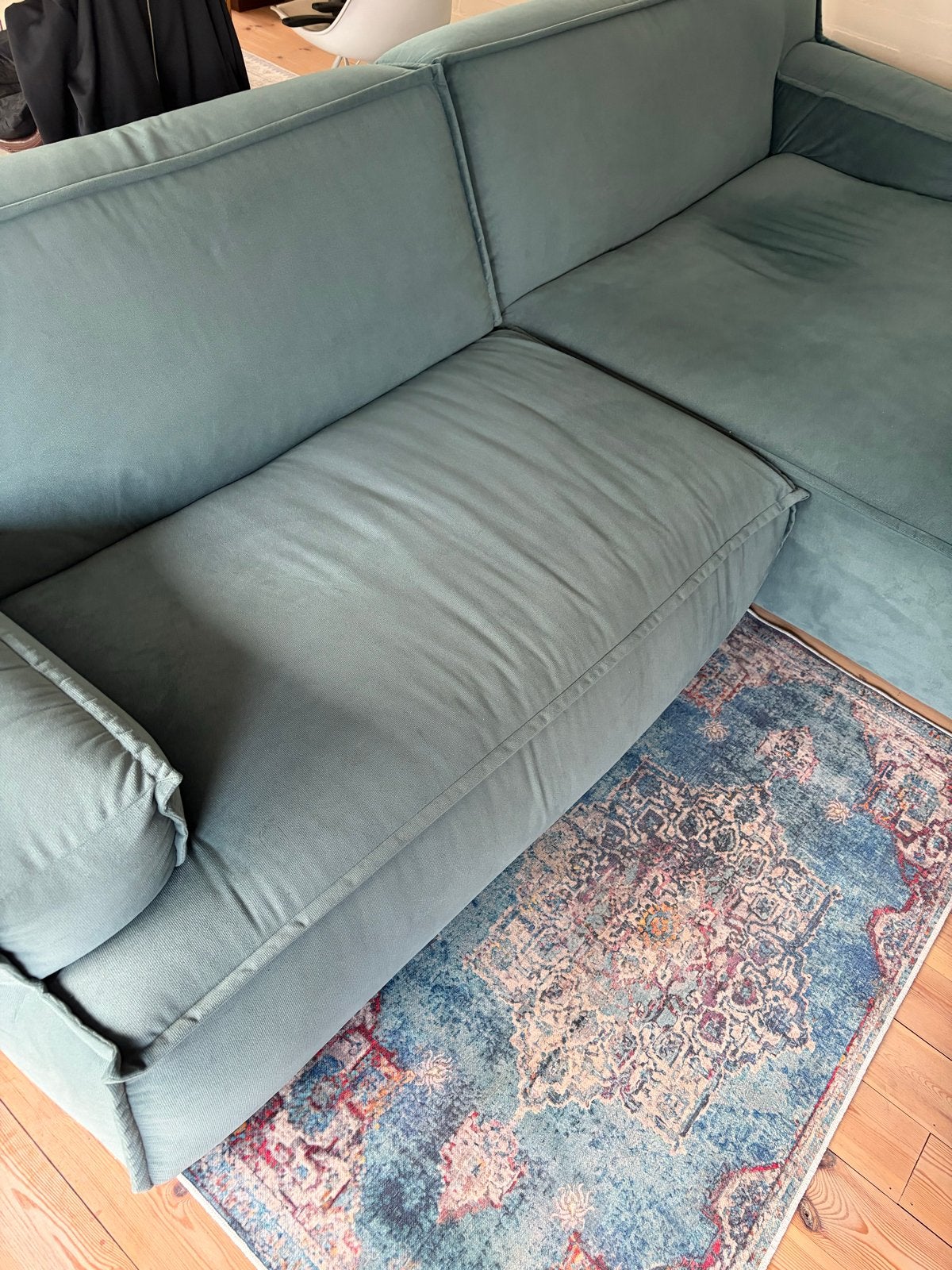Turquoise bank met diepe zit en lounge deel - 280 cm breed, Ophalen, 250 tot 300 cm, Gebruikt, 100 tot 125 cm