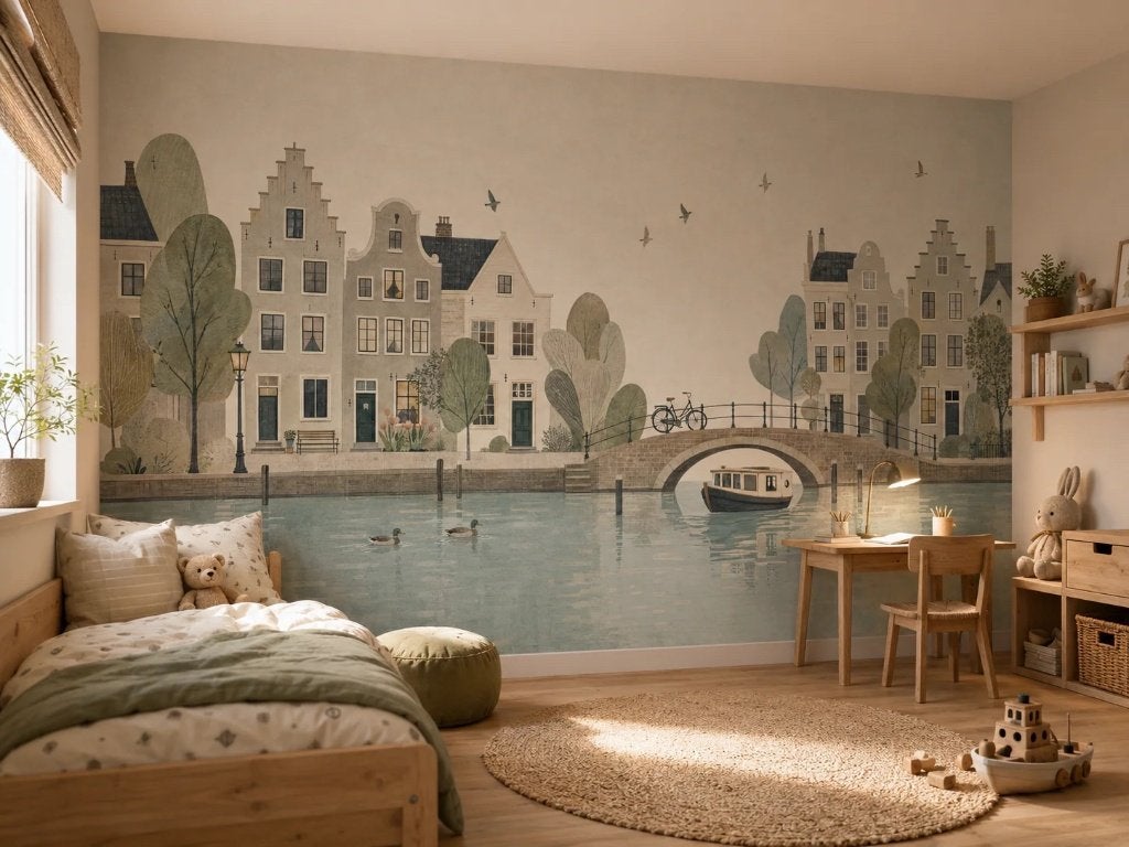 Behang kinderkamer – grachtenstad met brug en boot, Scandinavisch, Overige merken, Blauw, Ophalen of Verzenden