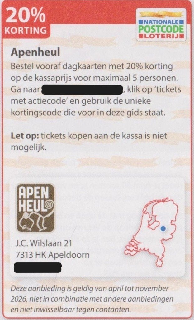 Apenheul 20% korting. Apeldoorn. Postcodeloterij kortingsbon, Drie personen of meer, Kortingskaart