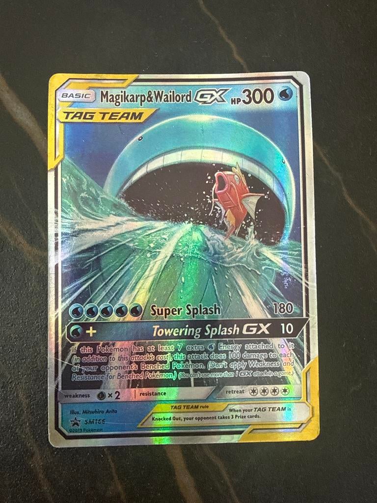 Magikarp & Wailord GX Pokémon Kaart SM155 Tag Team, Ophalen of Verzenden, Gebruikt, Losse kaart, Foil
