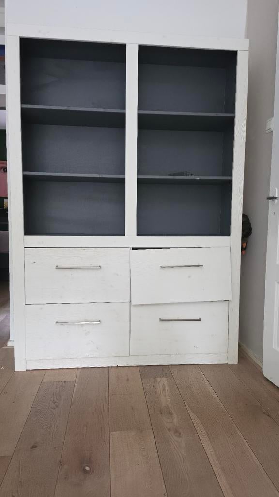 Witte boekenkast / wandkast met lades en planken, Ophalen, Met plank(en), Gebruikt, Modern, functioneel