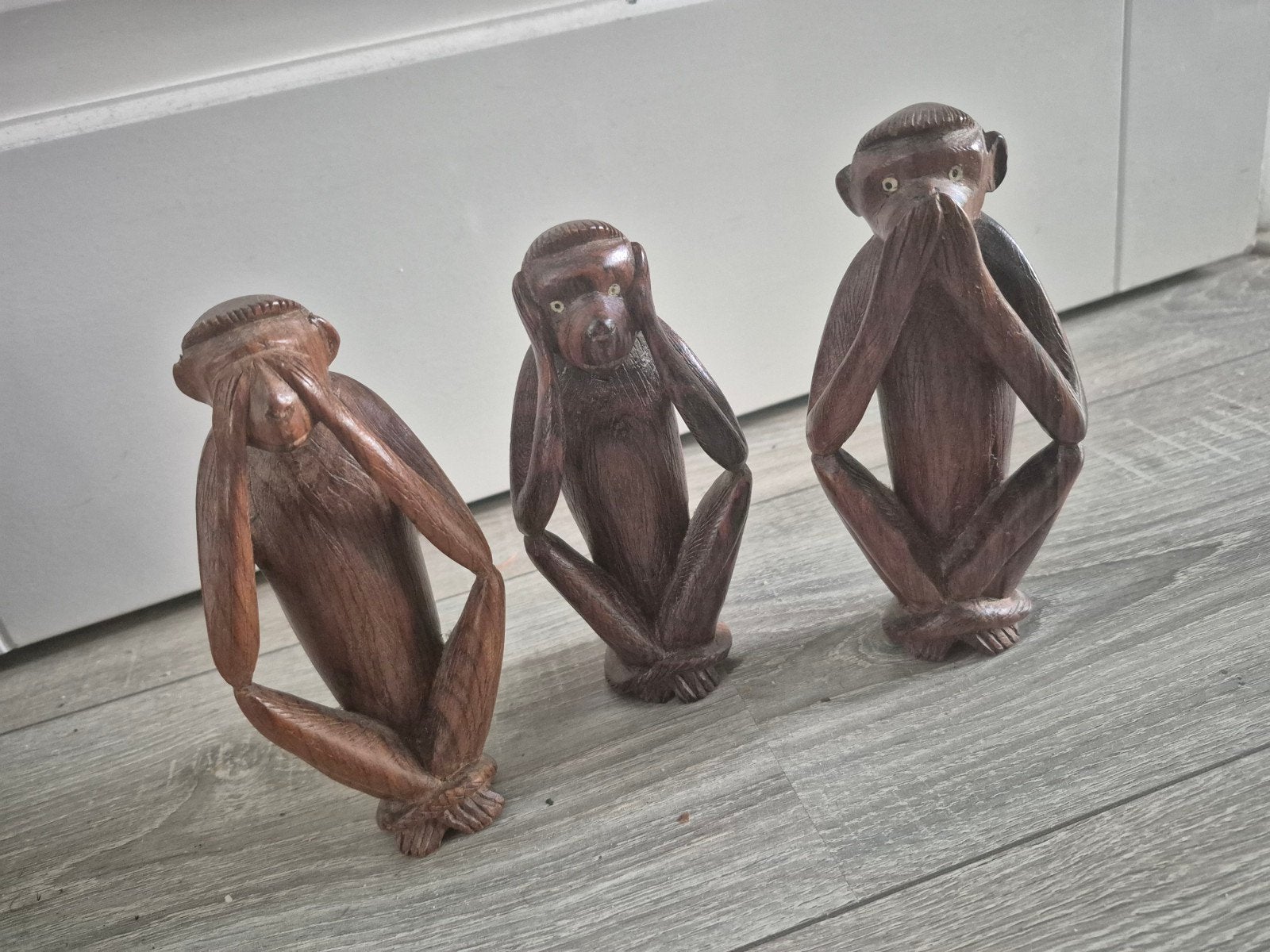 Set van 3 houten apen: Horen, Zien en Zwijgen, Hout, Ophalen of Verzenden, Bruin, Oosters