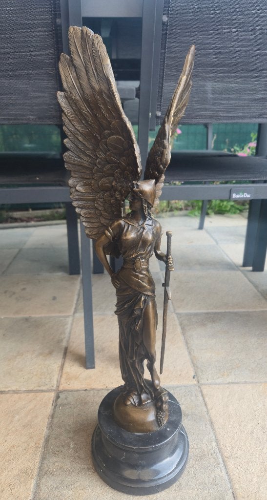 Groot & zwaar bronzen engel beeld met zwaard + gemerkt, Ophalen, Brons