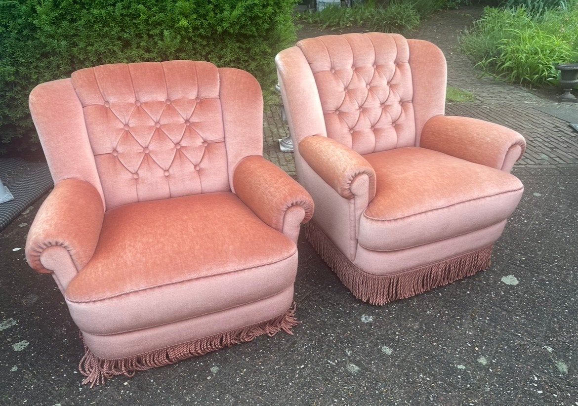 Vintage Roze Fauteuils met FRANJES , velours barok queen ann, Ophalen of Verzenden, Zo goed als nieuw, 75 tot 100 cm, 50 tot 75 cm