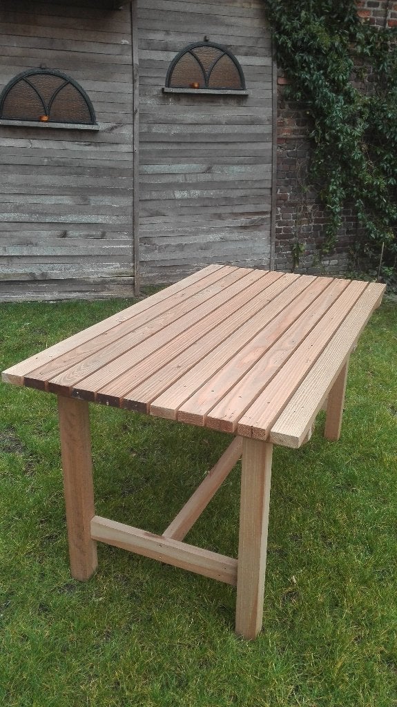 Houten tuintafel 148/81/73 cm, Ophalen, Zo goed als nieuw, Rechthoekig, Hout