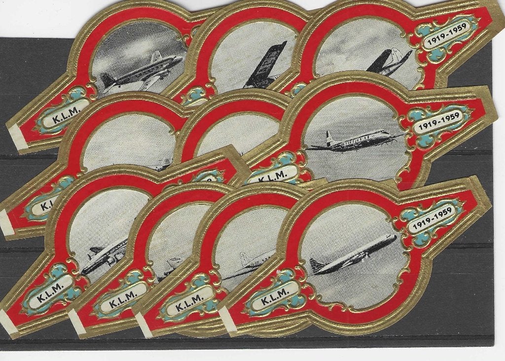 reeks  92  KLM  VIEGTUIGEN   1-10 sigarenbanden, Ophalen of Verzenden, Zo goed als nieuw, Sigarenbandjes