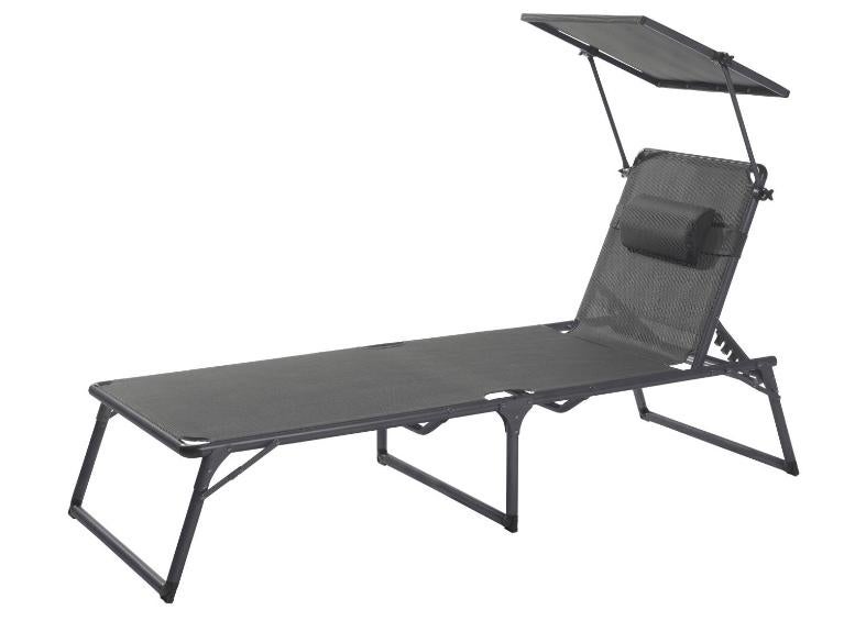 Ligbed NIEUW in doos aluminium met zonnescherm kleur grijs, Tuin en Terras, Ligbedden, Ophalen, Zo goed als nieuw, Aluminium, Inklapbaar