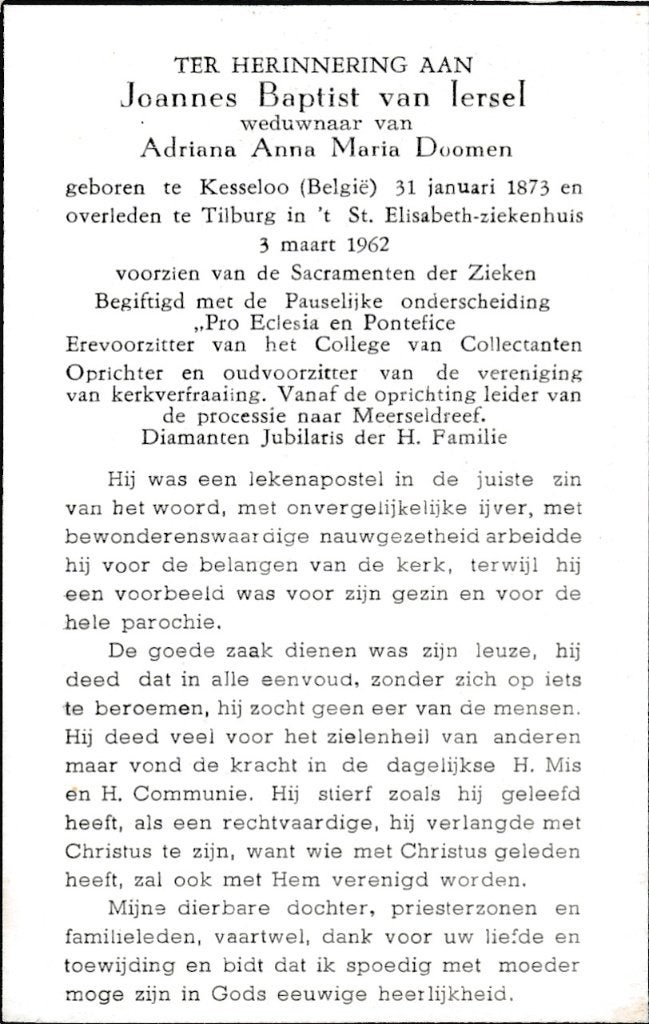 Iersel Joannes 1873 Kesseloo 1962 Tilburg, Ophalen of Verzenden, Bidprentje