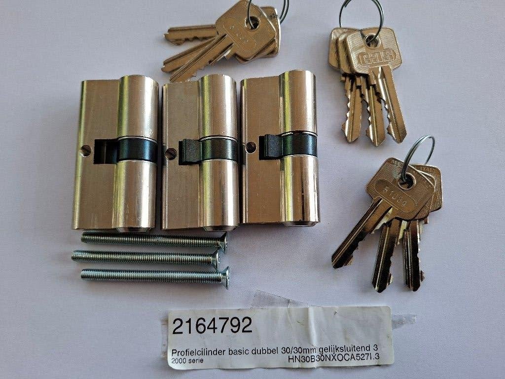 Set profielcilinder 30-30mm 2000serie gelijksluitend 3 stuks, Ophalen of Verzenden, Nieuw, Koper of Messing, Slot