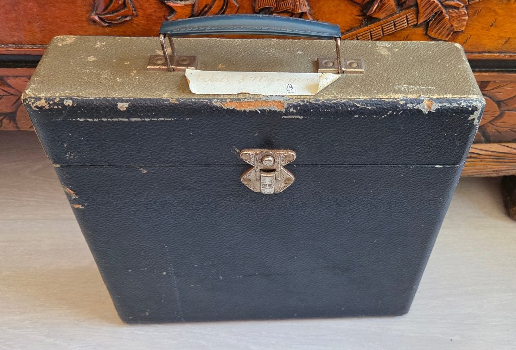 Vintage LP koffer, blauw - bruin. (8) Afmetingen: Breedte 29, Ophalen of Verzenden, Gebruikt