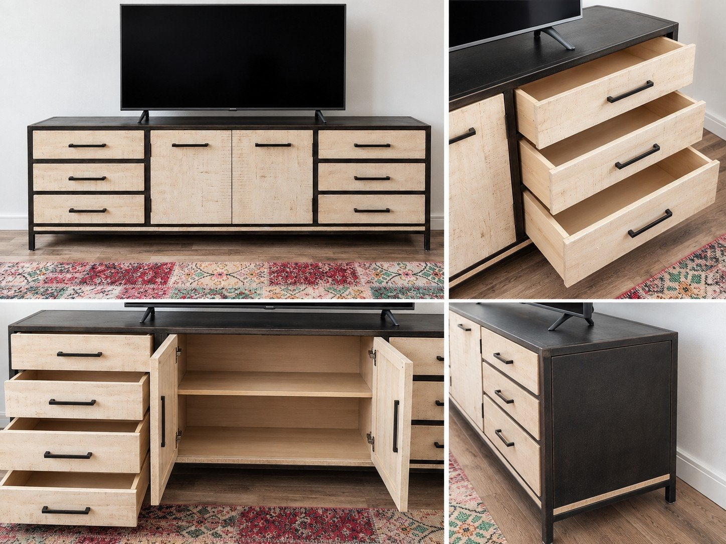 Fermano Dressoir Mangohout met Zwart IJzer 2 deuren+6 laden, Gebruikt, 200 cm of meer, Industrieel, Modern, Landelijk, 25 tot 50 cm