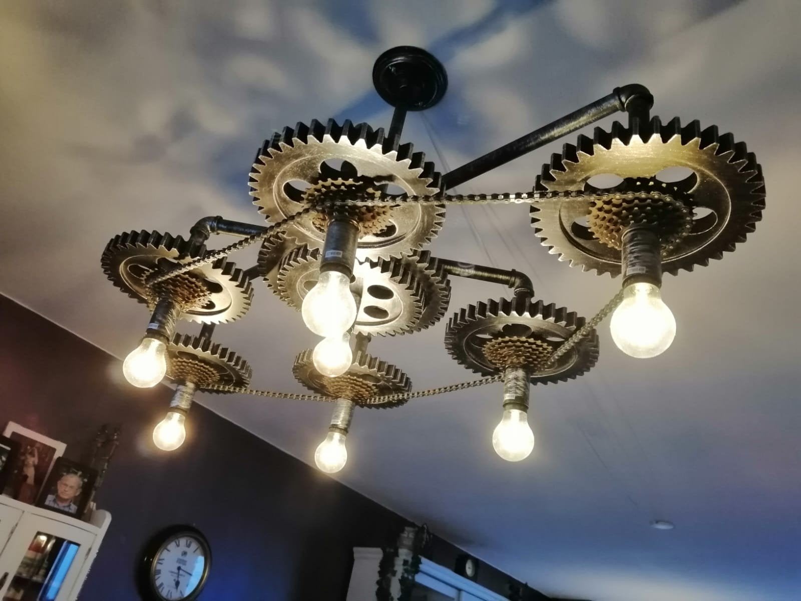 Industriële tandwiel kroonluchter - Steampunk design, Ophalen, E27 (groot), Zo goed als nieuw, Metaal