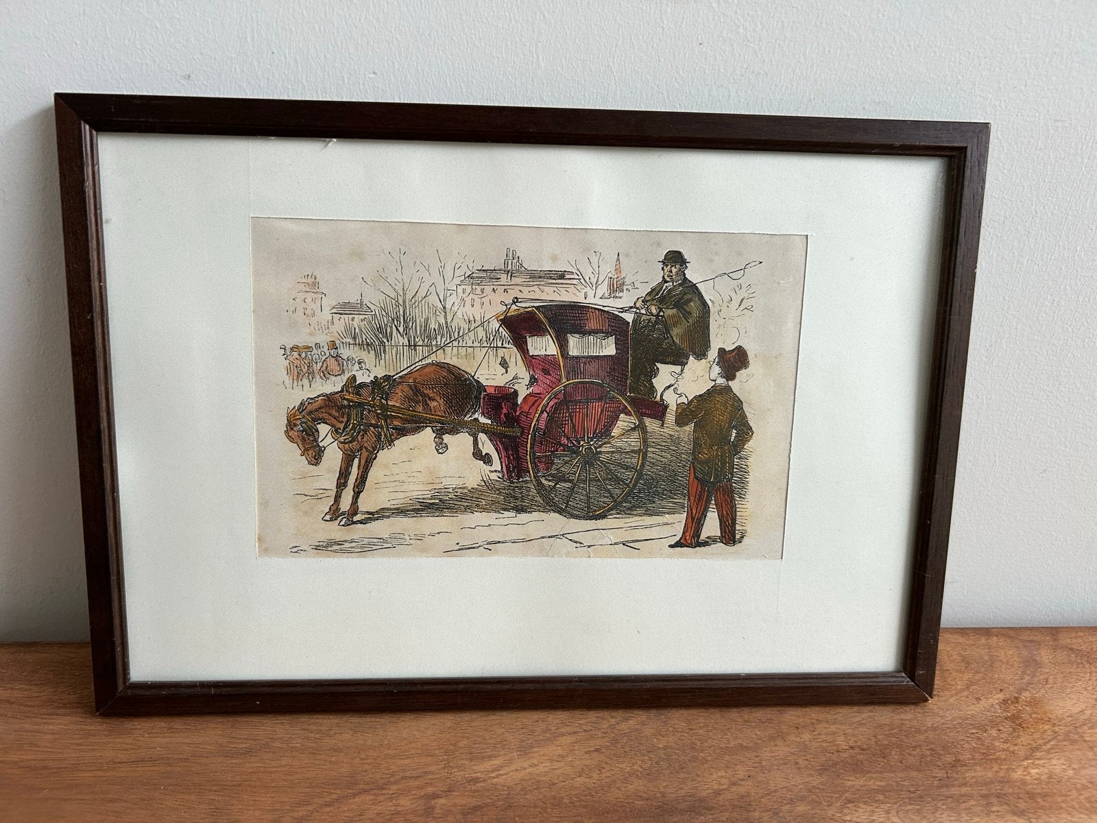 Antieke ingelijste prent van paard en koets, Ophalen of Verzenden
