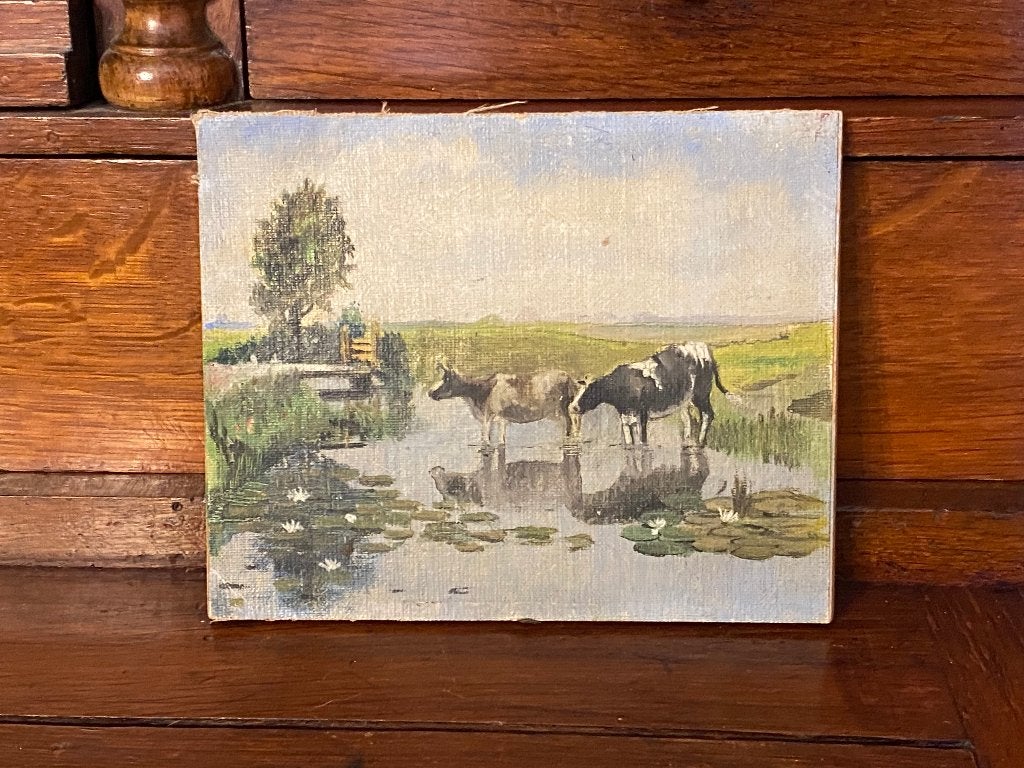 Schilderijtje op linnen, Landschap met koeien *Nous deux*, Ophalen of Verzenden