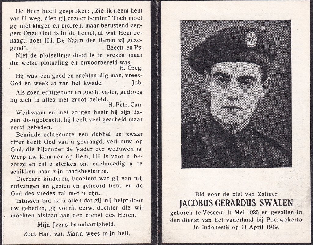 Swalen Jacobus 1926 Vessem 1946 Poerwokerto Indonesië, Ophalen of Verzenden, Bidprentje