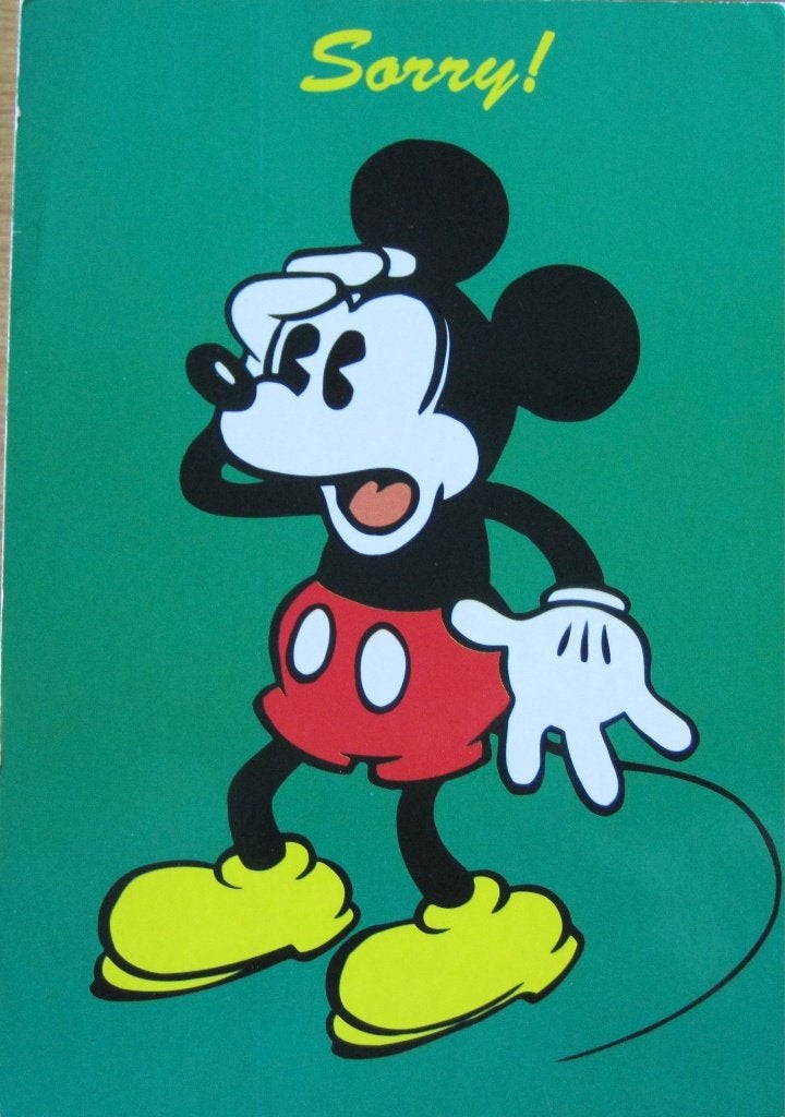 Mickey mouse zegt sorry - nieuwe ansichtkaart, Ophalen of Verzenden, 1980 tot heden, Ongelopen, Overige thema's