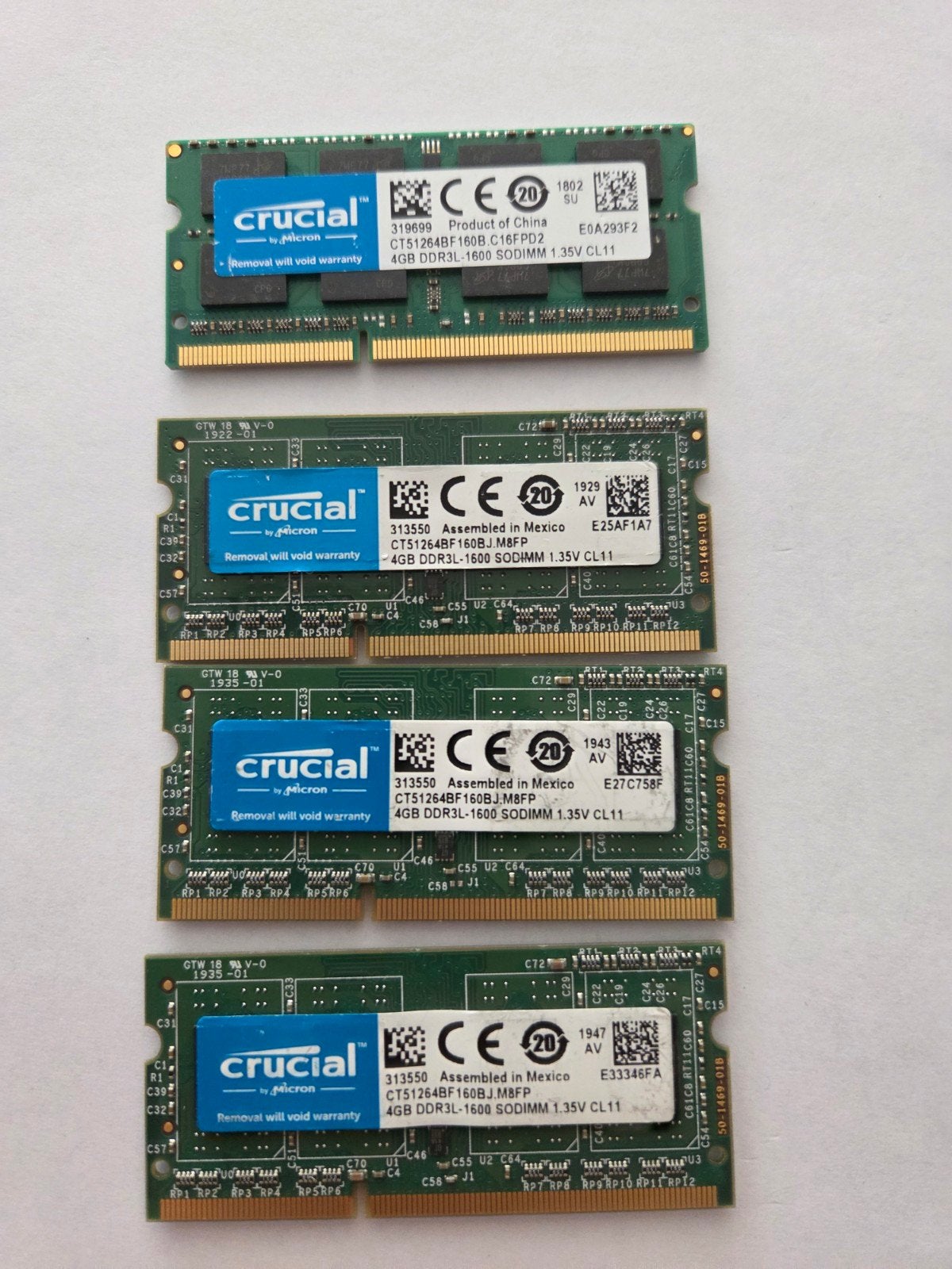 4x 4GB Crucial DDR3L-1600 SODIMM RAM Geheugen, Computers en Software, RAM geheugen, Gebruikt, DDR3, Ophalen of Verzenden, Laptop