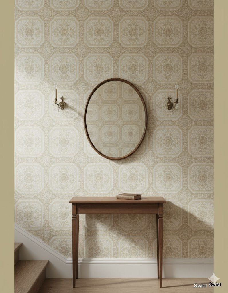 6815 Vintage behang medaillon blokken zand en ivoor swiet, Ophalen of Verzenden, Beige