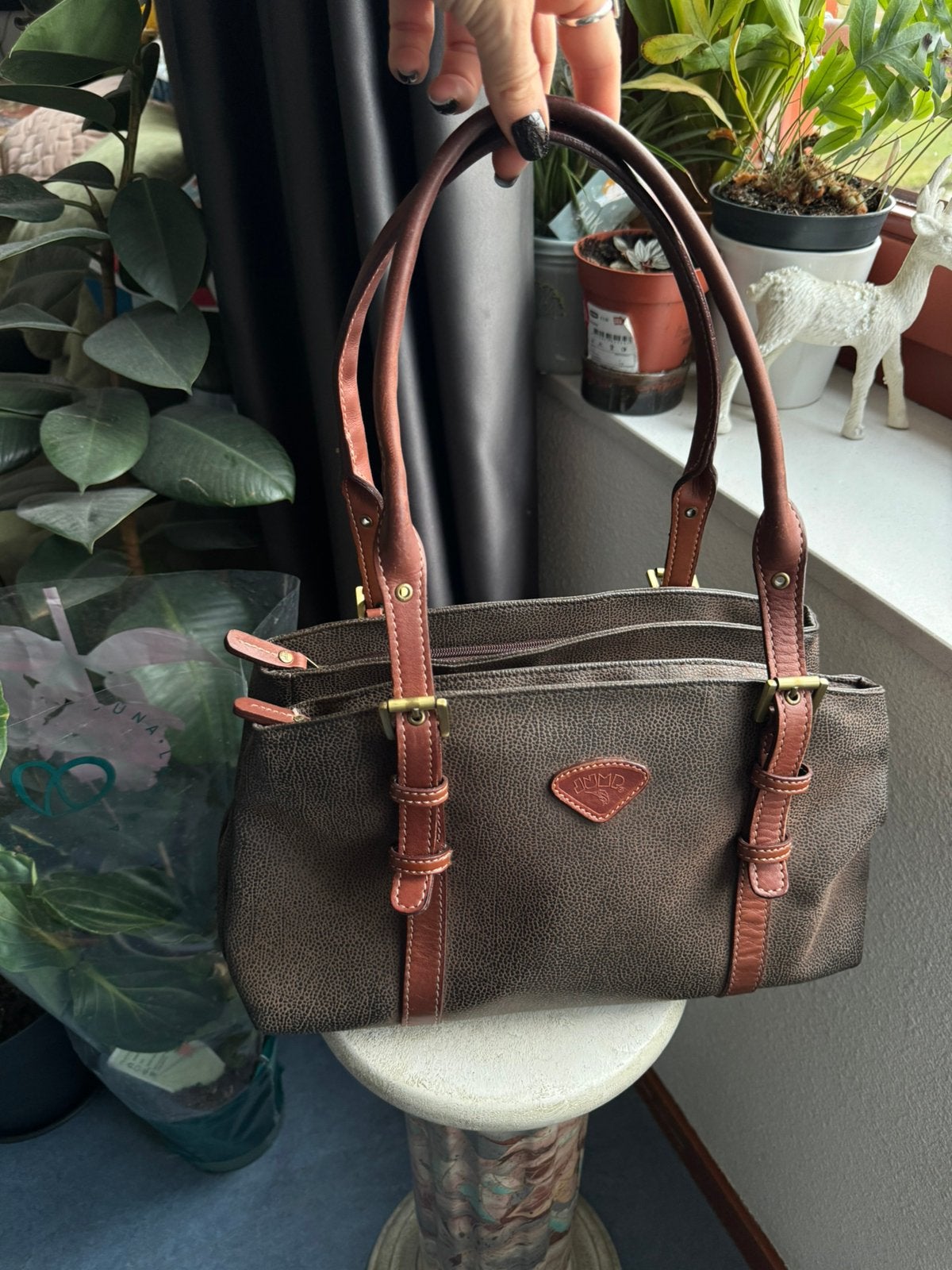 Brown textured leather tote bag Jump. with Jump logo, Verzenden, Zo goed als nieuw, Bruin, Handtas