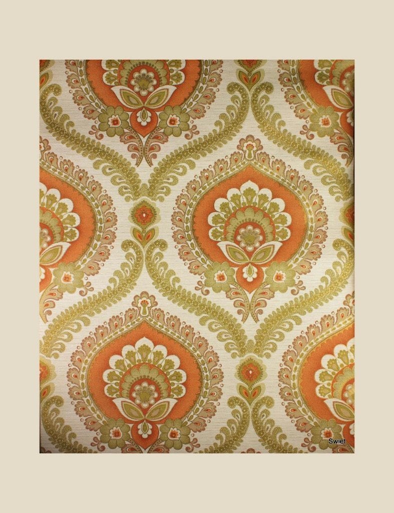 6190 Oranje groen retro behang paisley bloemen vintage swiet, Huis en Inrichting, Stoffering | Behang, Verzenden, Oranje