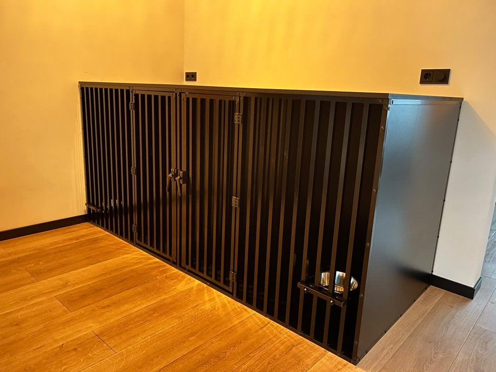 Zwarte aluminium grote dubbele hondenbench, Ophalen, Zo goed als nieuw