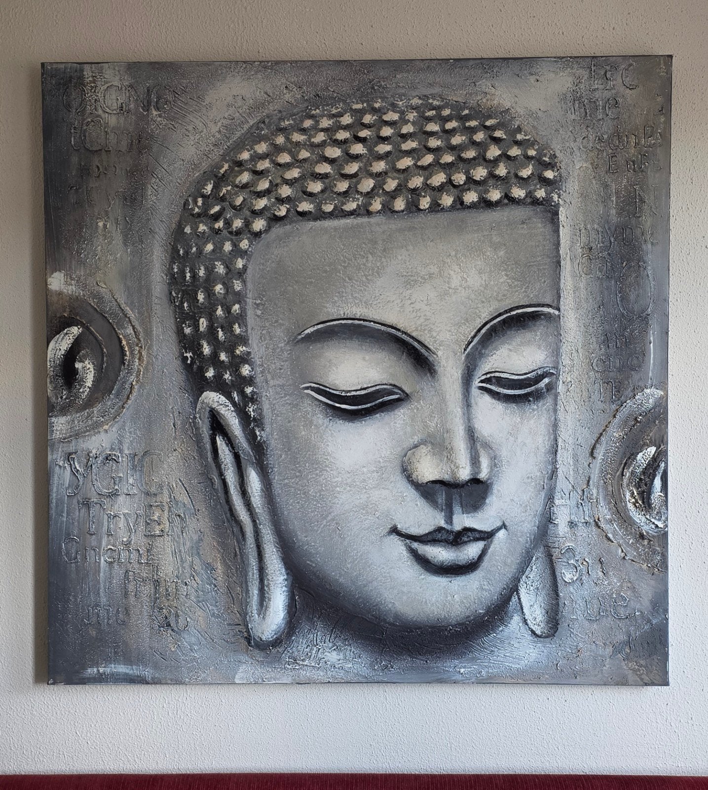Boeddha schilderij met reliëf - Grijs/Zilver op canvas, Ophalen, Met reliëf, Grijs, 100 cm