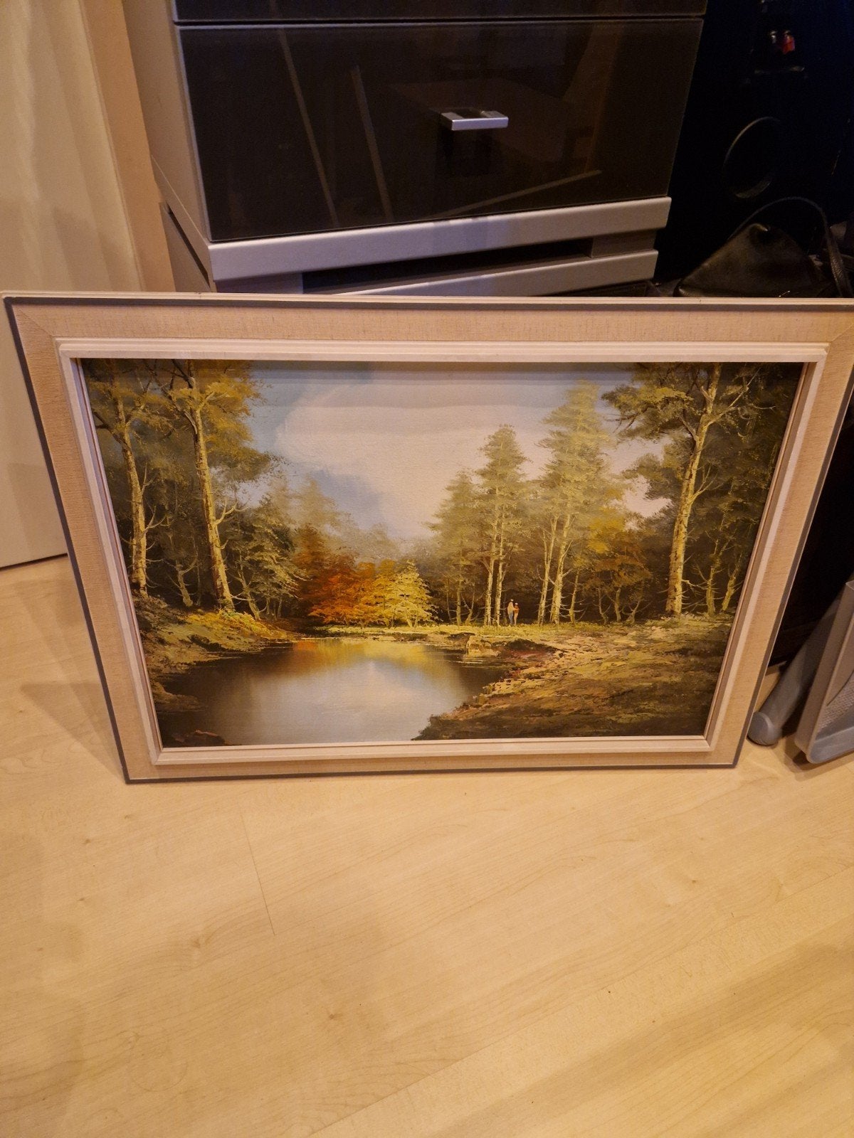 Schilderij: Boslandschap met water en figuren, Antiek en Kunst, Kunst | Schilderijen | Klassiek, Ophalen, Doek, Realistisch, Landschap